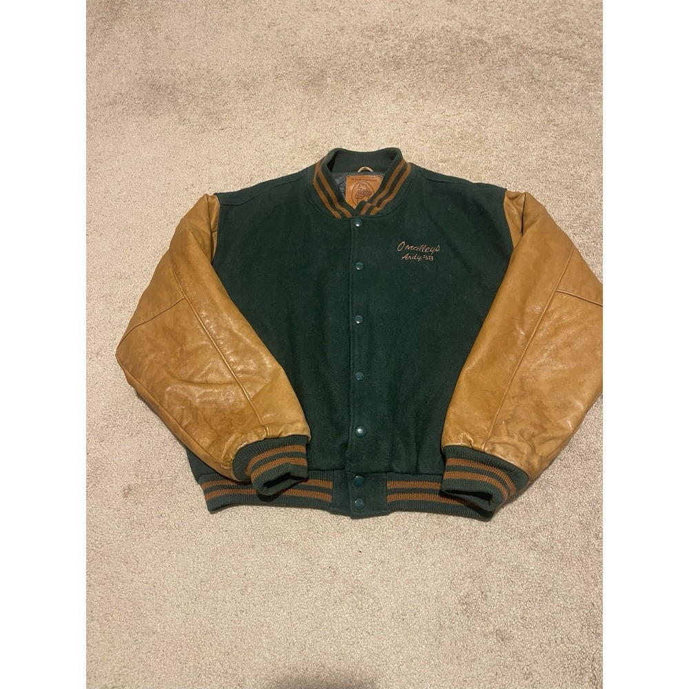 90s Golden Bear Leather Sz L Virgin Wool Embroidered Quilt Lined Varsity Jacket